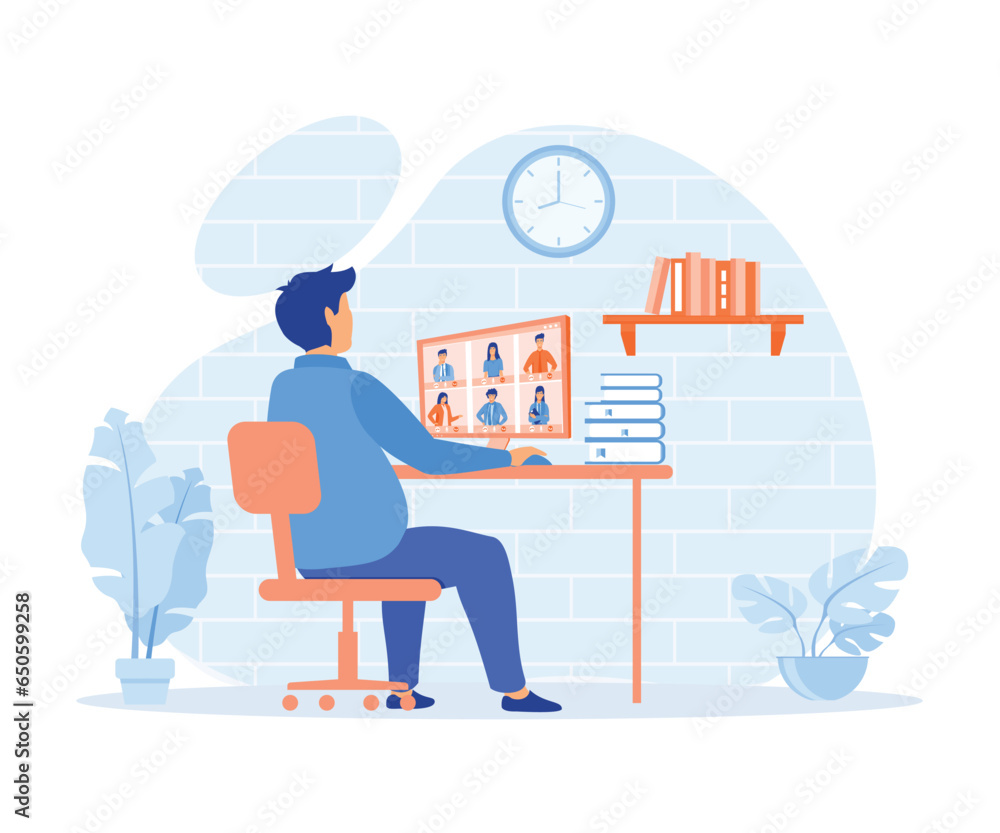 Poster worker using computer for collective virtual meeting and group video conference. flat vector modern 