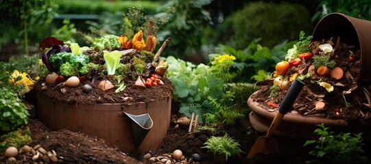 Gardening tools and fresh organic vegetables in pots in the garden. Gardening and planting concept. 