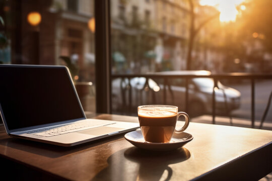 sunset lighting of laptop on table alongside a cup coffee in set against in background of blurred cafe and restaurant. lifestyle concept of business and rest.