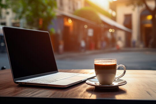 sunset lighting of laptop on table alongside a cup coffee in set against in background of blurred cafe and restaurant. lifestyle concept of business and rest.