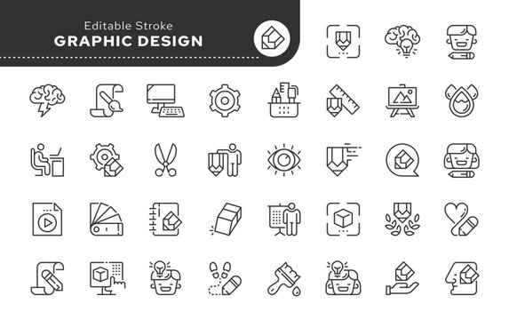 Line icon set. Graphic design. Idea and creativity. Software, design and art tools. Vector icon pack.