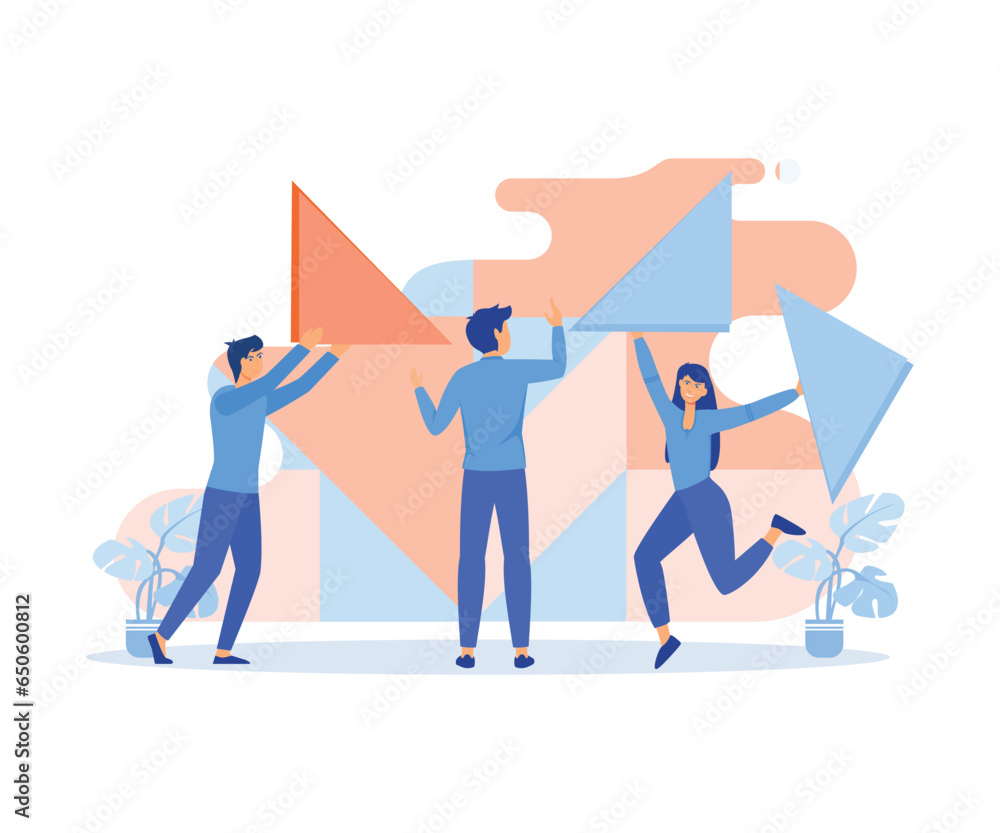 Poster teamwork concept, characters and abstract geometrical shapes. co working and problem solving, flat v