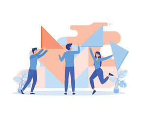 Teamwork concept, characters and abstract geometrical shapes. Co working and problem solving, flat vector modern illustration  