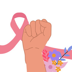 breast cancer awareness pink ribbon hands gesture support fight in flat illustration