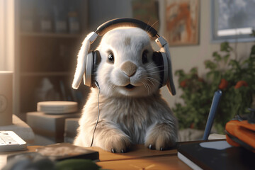 Cute bunny listen to music using headphones Created with Generative AI - obrazy, fototapety, plakaty