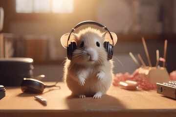 Cute hamster listen to music using headphones Created with Generative AI
