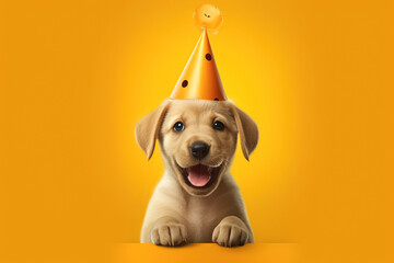 Happy Birthday party concept, puppy dog wearing birthday party hat over yellow background. Generative Ai