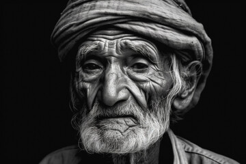 Pensive elderly bearded man, black and white portrait. Generative Ai