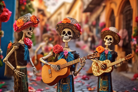 Day Of Dead Traditional Poster, Skeletons In Mexican Clothes Play Musical Instruments And Dance. Generative Ai