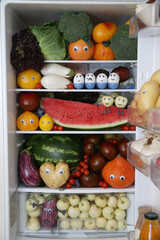 Refrigerator, content. Color diet. Organic food, fruits, vegetables. Rainbow food in fridge, refrigerator. Healthy, dietary nutrition. Multicolored nutrition for vegetarians, vegans. Products for diet