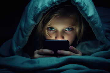 Small kid watching tablet or mobile phone at bed, blanket over his head, phone addiction - obrazy, fototapety, plakaty
