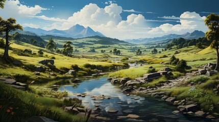 Captivating Naturals: Exploring Majestic Landscapes and Tranquil Waterscapes amidst Mountain Ranges and Serene Valleys, generative AI