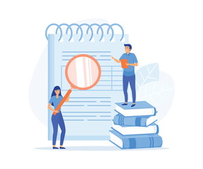 Business process, documents, work flow and accounting. work Business people on backdrop of huge files of documents and accounting books, flat vector modern illustration