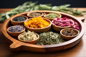 indian spices or herbs in wooden plate