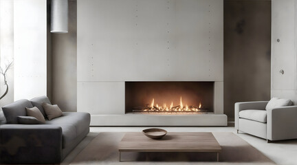 Captivating Minimalist Modern Living Room with Fireplace and Concrete Walls - Interior Design Photography for Adobe Stock