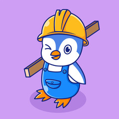 Cute Pinguin Builder Illustration, Vector, Icon Isolated