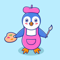 Cute Pinguin Painter Illustration, Vector, Icon Isolated