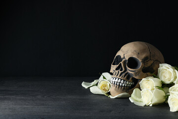 Skull and white roses on black background, space for text