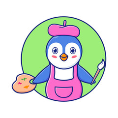 Cute Pinguin Painter Illustration, Vector, Icon Isolated