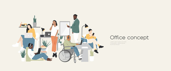 Office concept. Different people work together. Modern minimalist design.