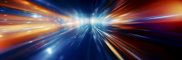 An abstract background of a tunnel of light trails converging towards the center of the image with a blue and orange color scheme. Sense of depth and motion. 