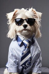 Cool looking maltese dog wearing fashion shirt, tie, glasses. Wide banner with space for text on the right side. Stylish animals disguised as supermodels. Generative Ai