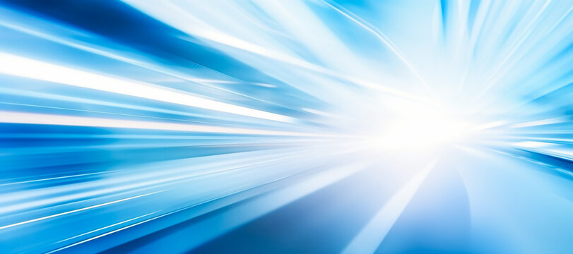An abstract blue background of a bright light source with blue and white rays emanating from it. Sense of motion and speed. The image has a futuristic and technological feel to it.