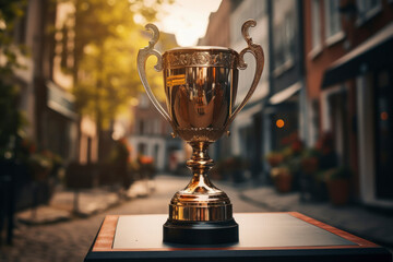 Gold color trophy or cup on table.