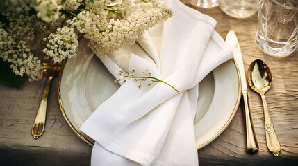 Table decor, holiday tablescape and dinner table setting in countryside garden, formal event decoration for wedding, family celebration, English country and home styling