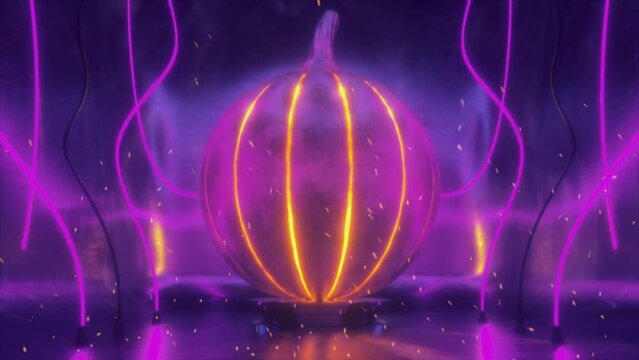Halloween Pumpkin Lamp of Hammered Metal In Neon Light and Fire Sparkles. 4K Dark Futuristic Scene.
