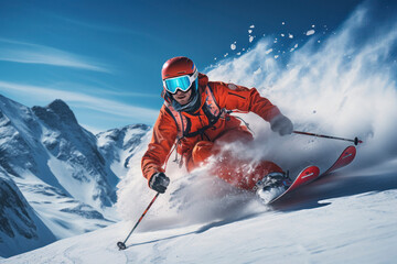 Fototapeta na wymiar Skier skiing on a sunny day in high mountains.
