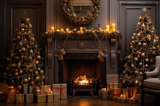 Interior Christmas,magic glowing Christmas tree, fireplace and gifts