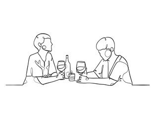 Continuous one line drawing of happy couple cheering glasses of wine. Vector illustration.