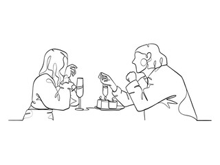 Continuous one line drawing of happy couple cheering glasses of wine. Vector illustration.
