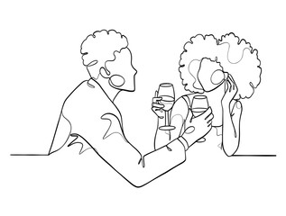 Continuous one line drawing of happy couple cheering glasses of wine. Vector illustration.