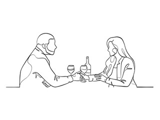 Continuous one line drawing of happy couple cheering glasses of wine. Vector illustration.