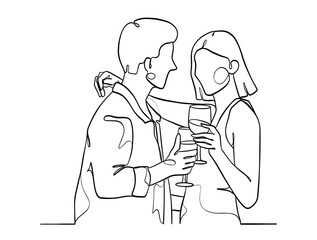 Continuous one line drawing of happy couple cheering glasses of wine. Vector illustration.