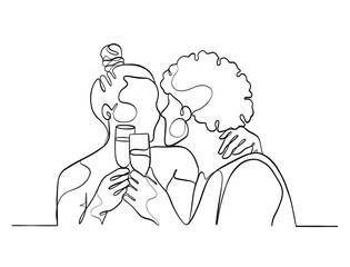 Continuous one line drawing of happy couple cheering glasses of wine. Vector illustration.