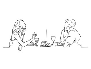 Continuous one line drawing of happy couple cheering glasses of wine. Vector illustration.