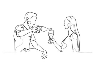 Continuous one line drawing of happy couple cheering glasses of wine. Vector illustration.