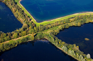 Aerial view of the gravel pit lake in the Cotswold Water Park wildlife and tourist location in Gloucestershire