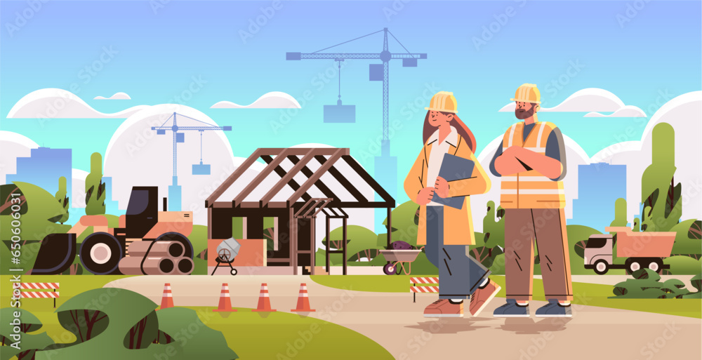 Poster architect and engineer in uniform discussing project during meeting construction of buildings concep