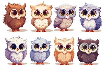 Owls set, Cartoon illustration isolated on white background, cute owls, colorful owls illustration, adorable birds set, big eyes and expressions