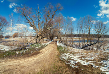 Fototapeta na wymiar Early spring in the countryside. Spring rural landscape with a stream. Dirt road on the dam