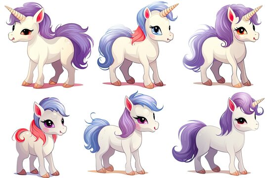 Unicorn in different poses on a white background, cartoon illustration, set of baby unicorns, fairy tale, isolated
