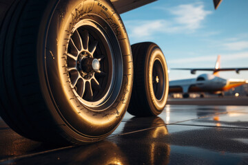 Close view of airplane tires on runway