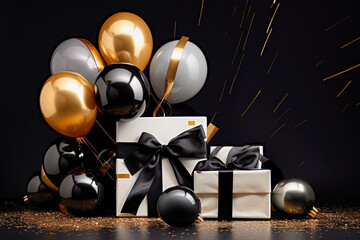 Stylish 3D gift boxes for Black Friday, balloons, contrasting colors