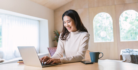 Portrait of beautiful business asian woman working in office desk using computer. Small business freelance girl. Successful business people employee, sme online marketing concept