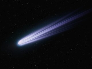 Large comet tail in the sky. Comet isolated on a black background. Falling asteroid. Astronomical...