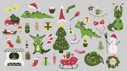 Christmas set with green dragons. New Year Clip art, stickers. Dinosaurs. Chinese New Year 2024